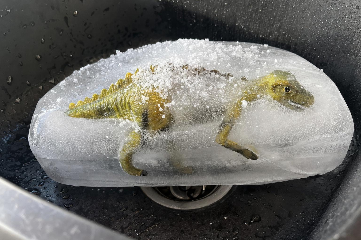 Plastic toy dinosaur partially frozen in a block of ice being melted with salt